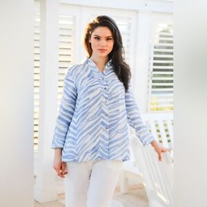 iLinen Classic Button Down Shirt Blue Zebra M